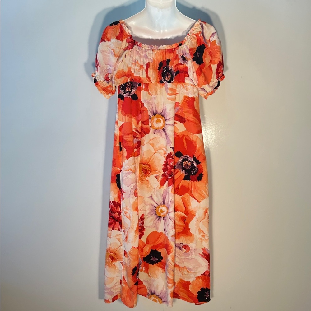 H&M SZ M Abstract Coral Floral Midi Dress Milkmaid Romantic Cottage Art to Wear - Picture 7 of 10
